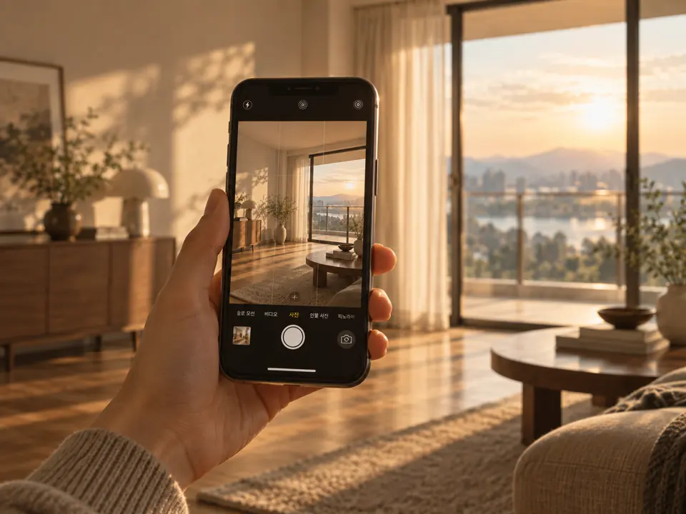 휴대폰으로 거실 사진을 찍는 모습 — 유품정리 과정을 그린 그림(운남동)